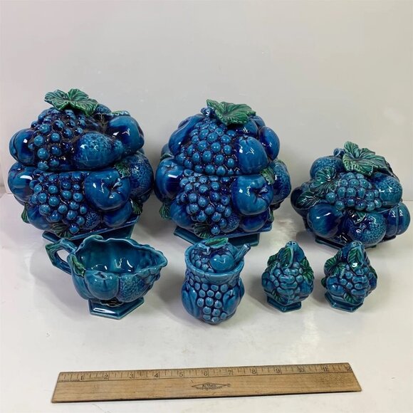1960'S Inarco ‘Blue Mood Indigo’ Fruit Canister Set W/ Creamer, Sugar & Shakers - Picture 1 of 16
